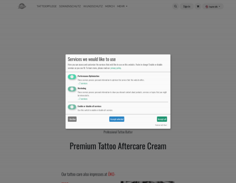 Website-Vorschau von Online Shop für Tattoo Pflege Produkte