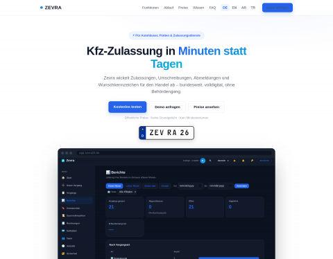 Vista previa del sitio de Zevra – Kfz-Zulassungsdienst für Autohäuser