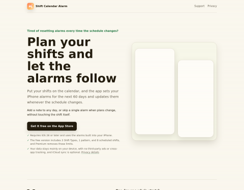 Website-Vorschau von Schichtalarm – Dienstplan mit automatischem iPhone-Wecker