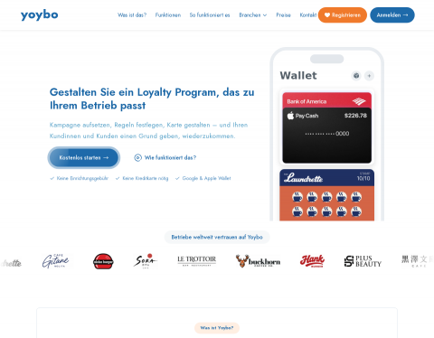 Website-Vorschau von Yoybo – Digitale Kundenkarten & Stempelkarten für Unternehmen