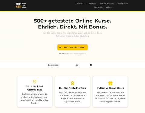 Website-Vorschau von Bonuskiste: Erfahrungsberichte zu Online-Kursen