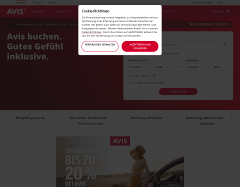 Website-Vorschau von Autovermietung Schweiz - Avis