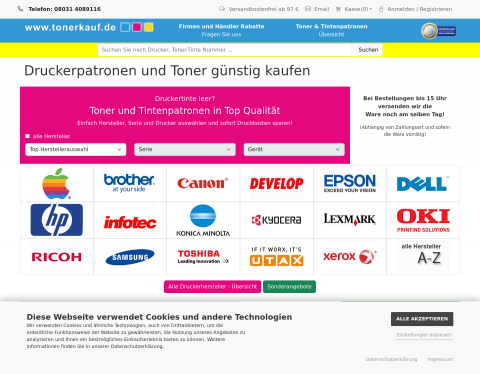 Website-Vorschau von Toner und Tintenpatronen