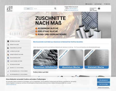 Website-Vorschau von Alufritze - Alublech- und Edelstahl·Zuschnitt