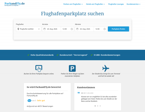 Website-Vorschau von ParkandFly - Sicheres Parken am Flughafen