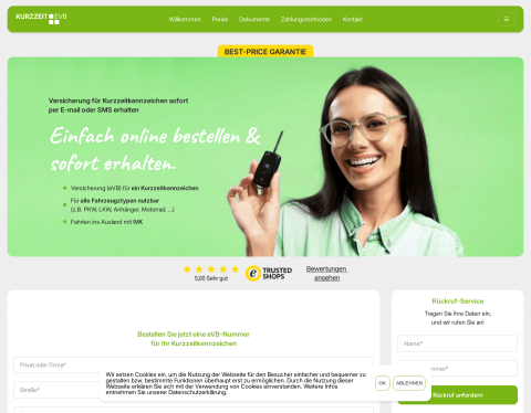 Website-Vorschau von Kurzzeitkennzeichen