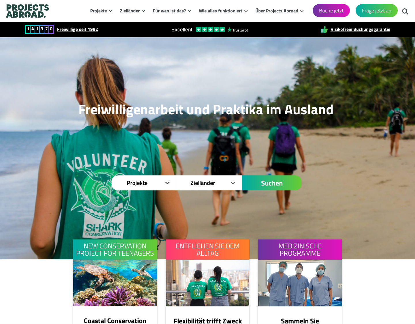 Aktuelle Website-Vorschau von Projects Abroad | Projekte weltweit