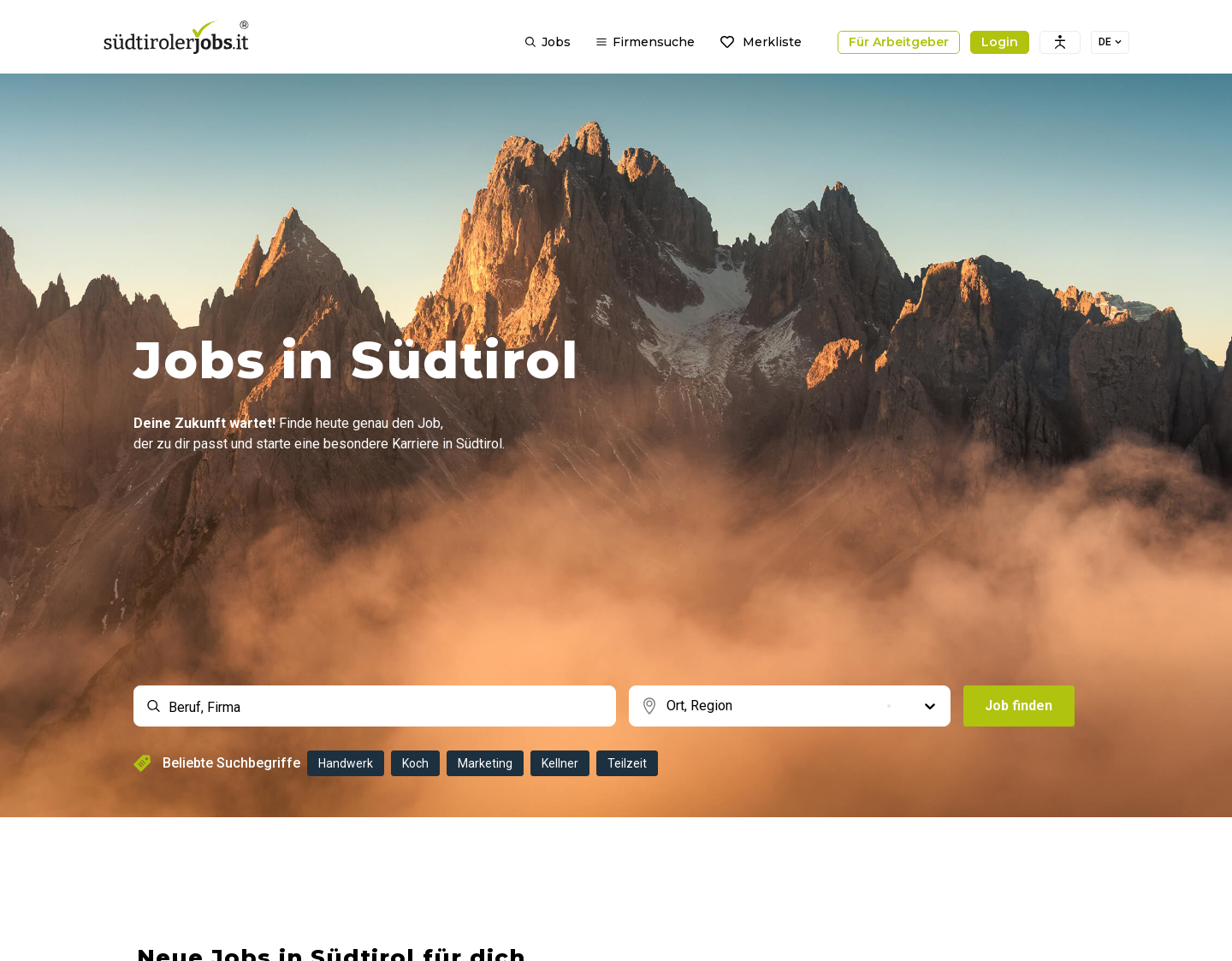 Aktuelle Website-Vorschau von Jobs in Südtirol