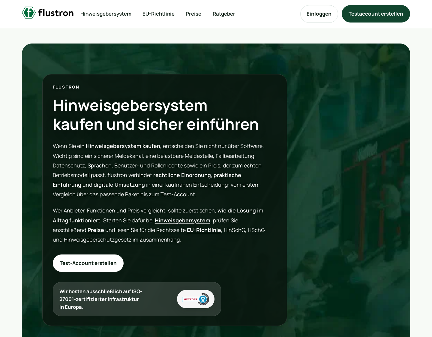 Aktuelle Website-Vorschau von Flustron - Software für Whistleblowing Richtlinie