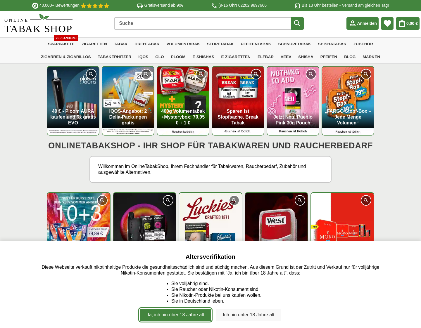 Aktuelle Website-Vorschau von Online Tabak Shop