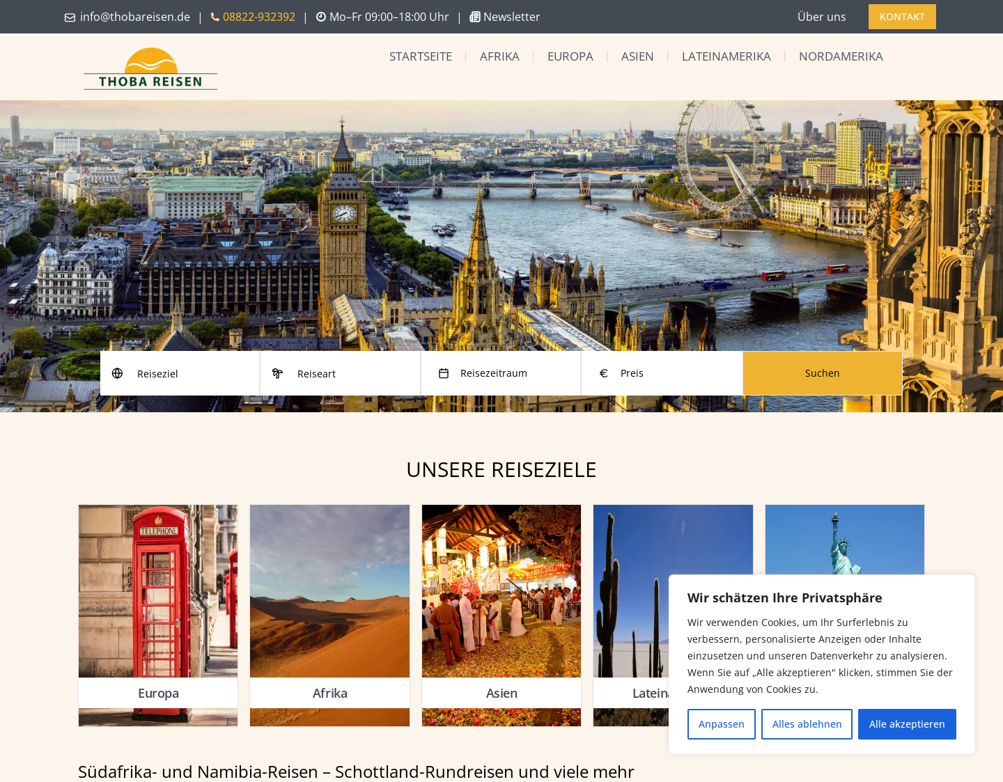 Aktuelle Website-Vorschau von Thoba Reisen - individuell