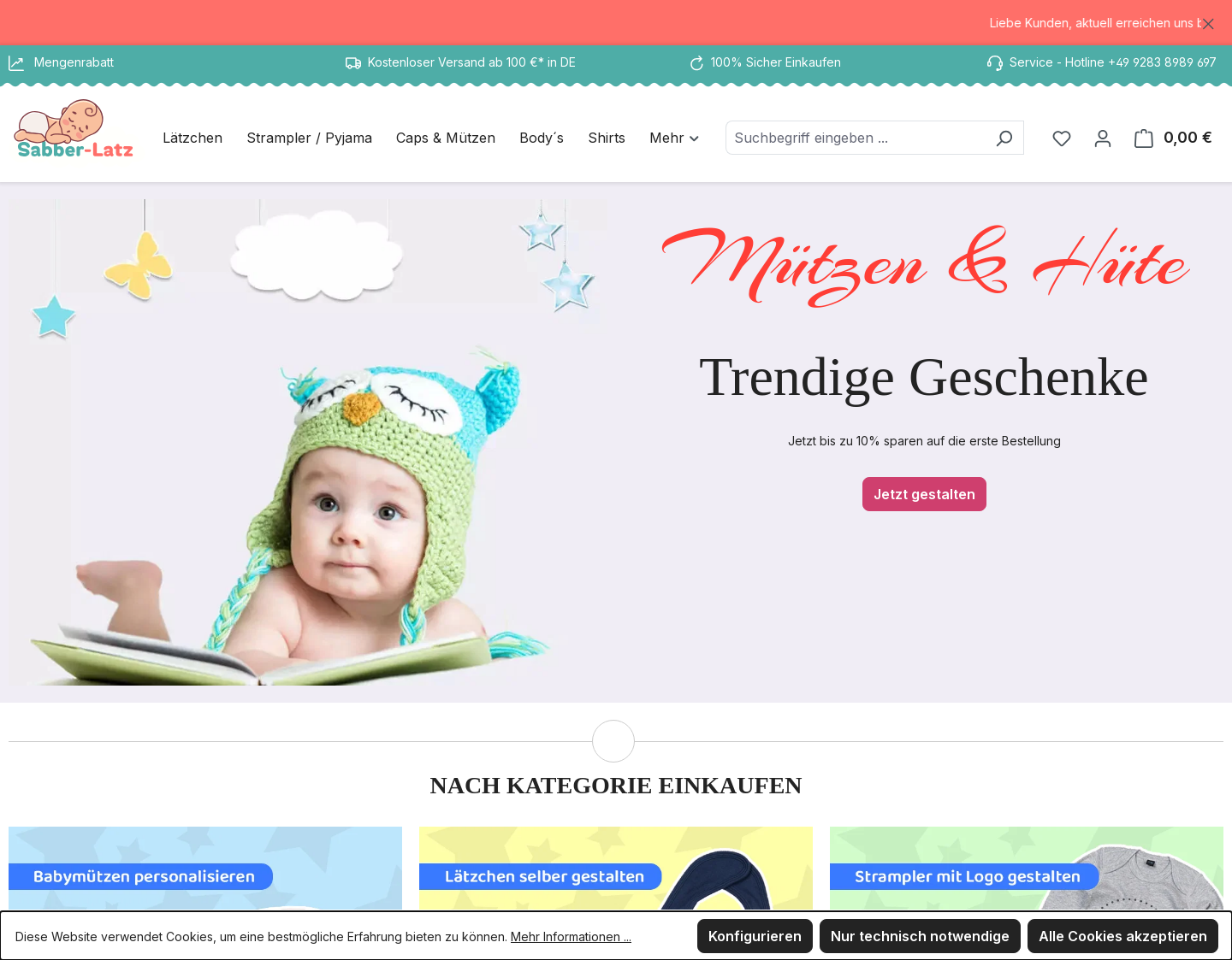 Aktuelle Website-Vorschau von Lätzchen und Babykleidung