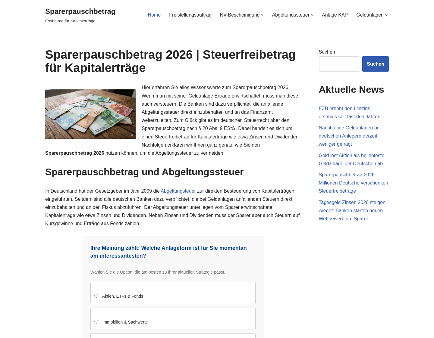 Aktuelle Website-Vorschau von Der Sparerpauschbetrag ? Freibetrag für Zinsen