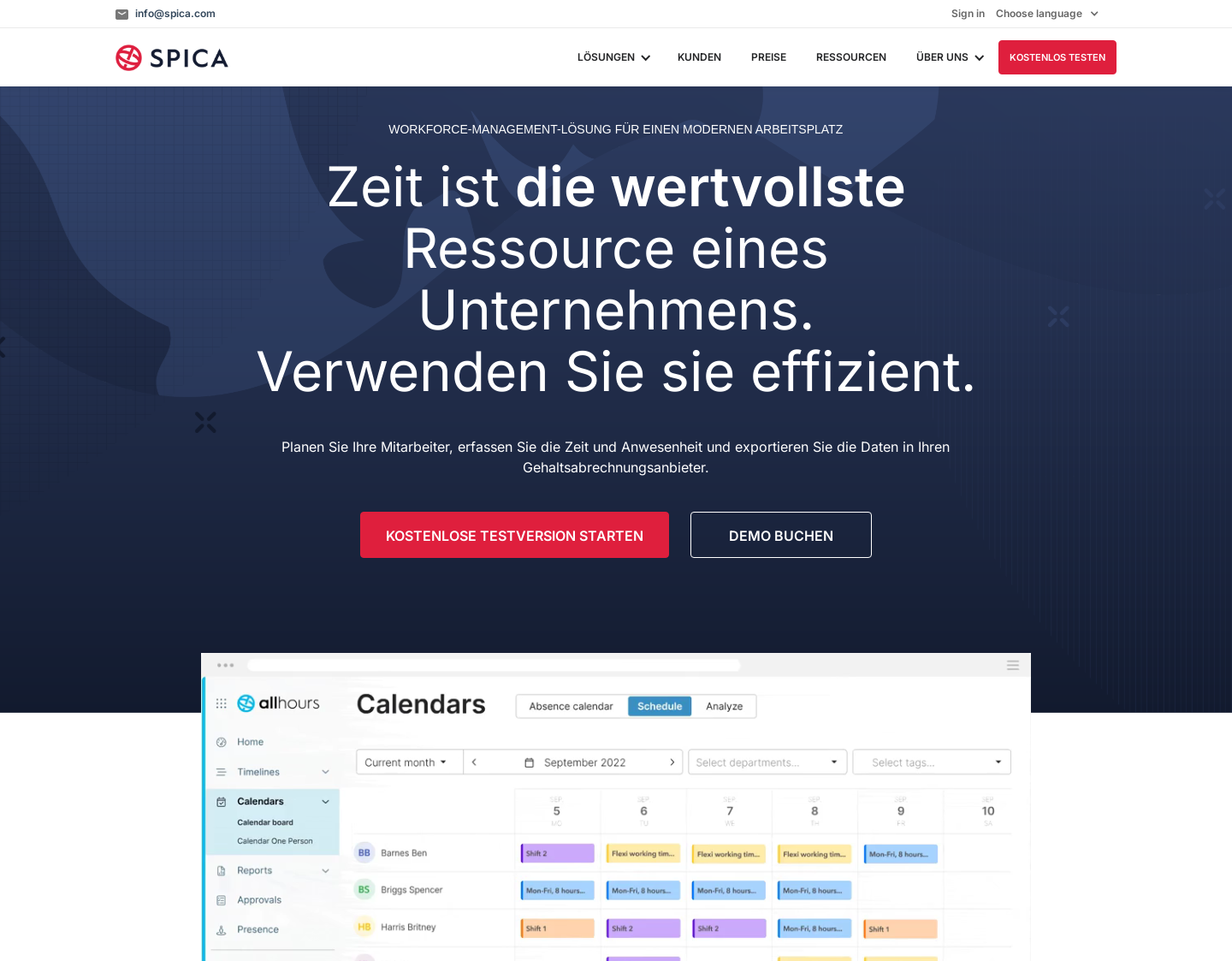 Aktuelle Website-Vorschau von Workforce Management und Zeiterfassung  - Spica