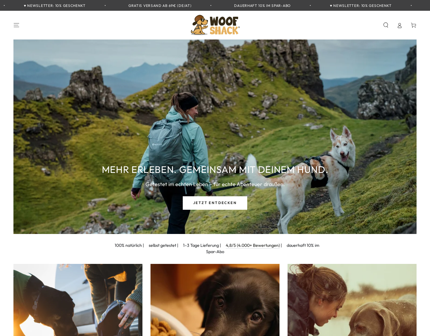 Aktuelle Website-Vorschau von Woofshack - Outdoor Hundeausrüstung