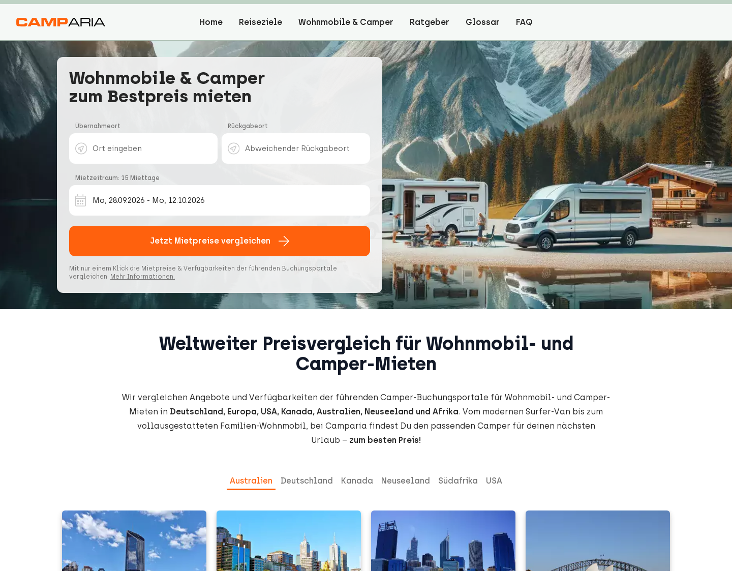 Aktuelle Website-Vorschau von Wohnmobil mieten bei Camparia