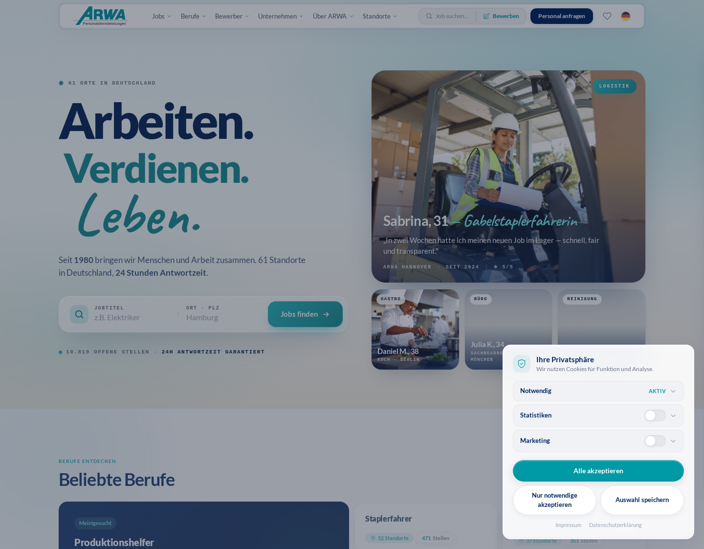 Aktuelle Website-Vorschau von ARWA Personaldienstleistungen GmbH
