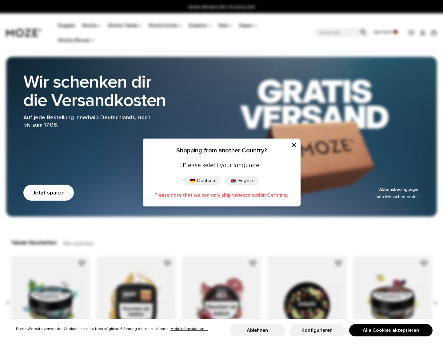 Aktuelle Website-Vorschau von Moze Shisha Online Shop