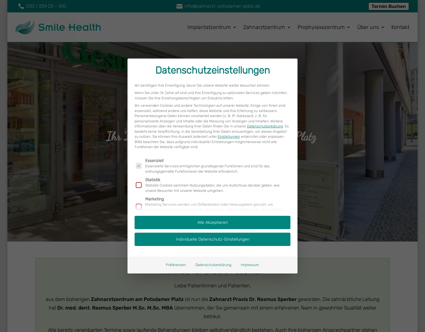 Aktuelle Website-Vorschau von Zahnarztzentrum am Potsdamer Platz