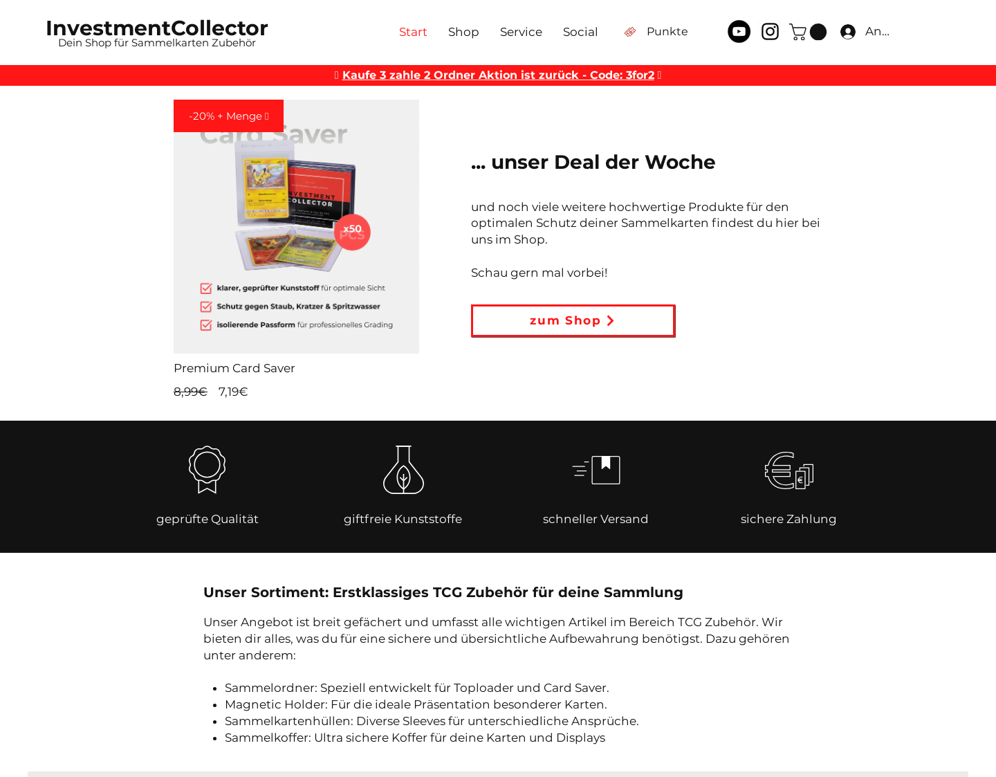 Aktuelle Website-Vorschau von InvestmentCollector Sammelkarten Zubehör