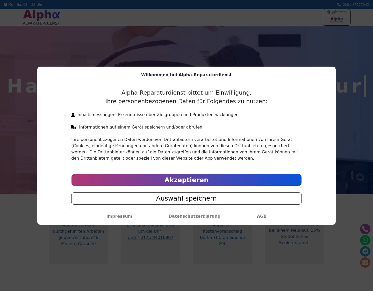 Aktuelle Website-Vorschau von Alpha Reparaturdienst