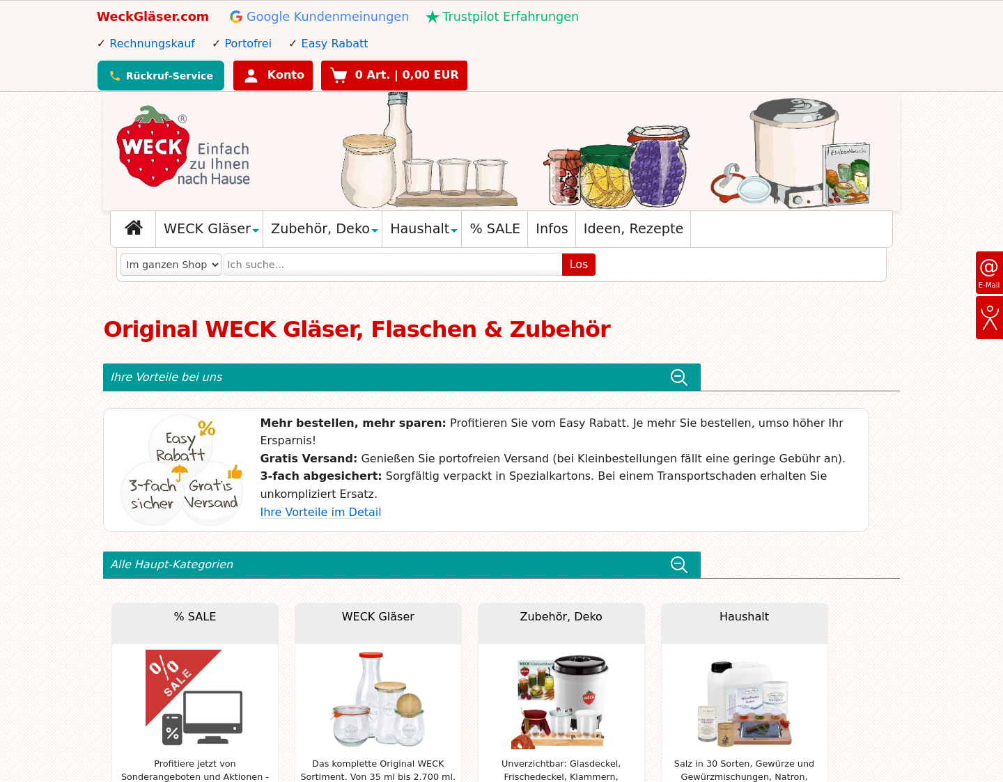 Aktuelle Website-Vorschau von WECK Gläser und Flaschen