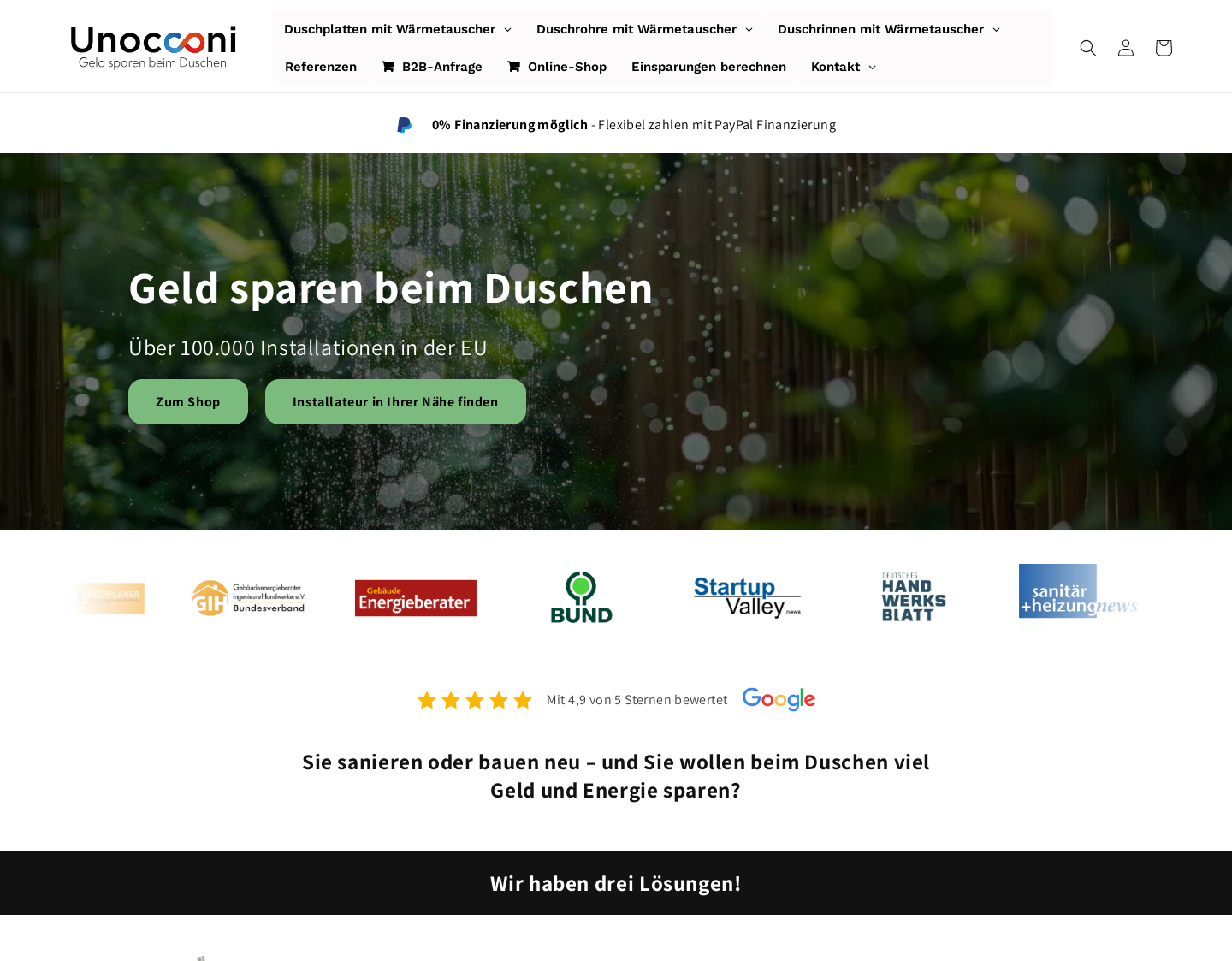 Aktuelle Website-Vorschau von Unocconi - Energieeffizienz beim Duschen