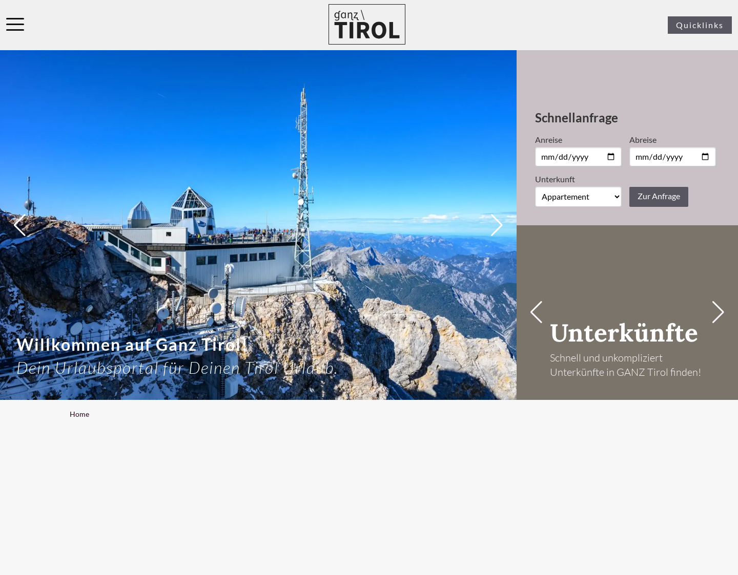 Aktuelle Website-Vorschau von Ganz Tirol - Unterkünfte in Tirol