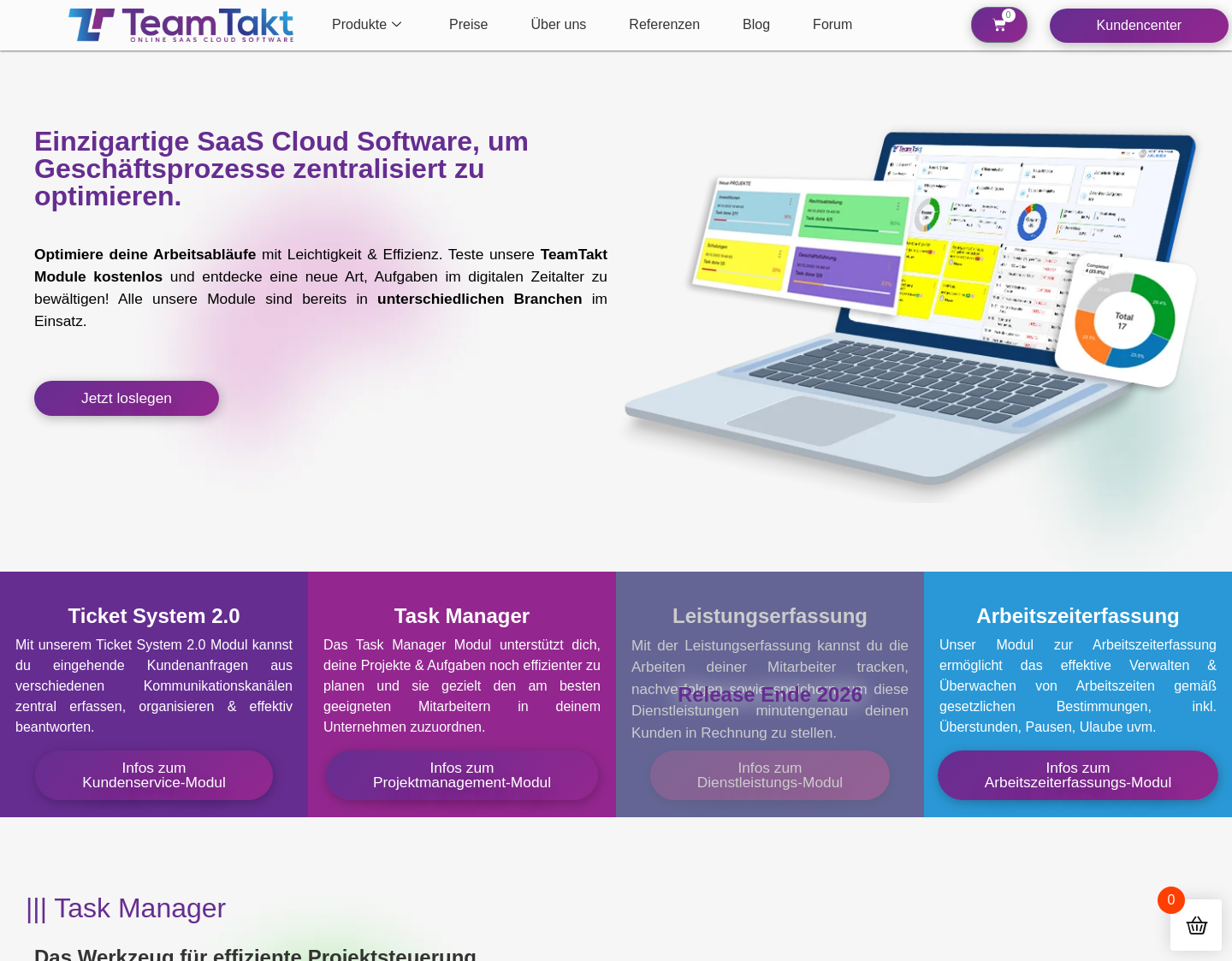 Aktuelle Website-Vorschau von TeamTakt - Online Cloud SaaS Software