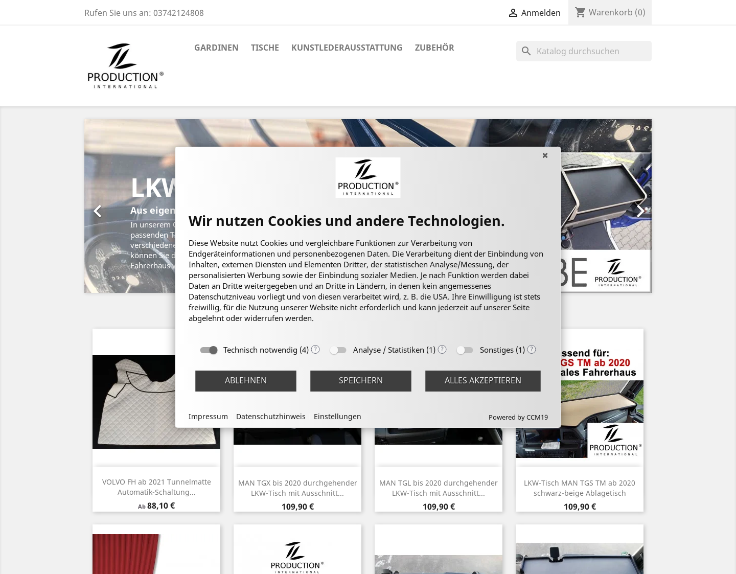 Aktuelle Website-Vorschau von Onlineshop für LKW-Innenausstattung