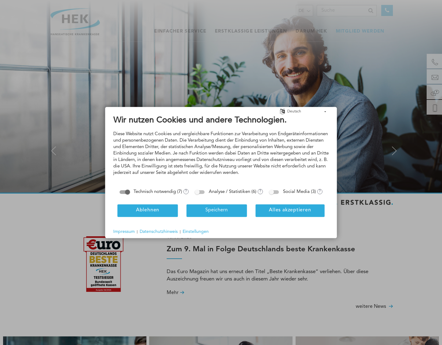 Aktuelle Website-Vorschau von www.HEK.de - Online Krankenversicherung