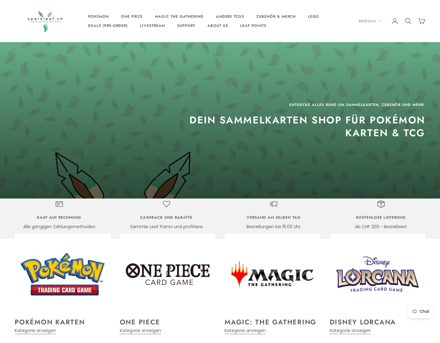 Aktuelle Website-Vorschau von SparkLeaf TCG