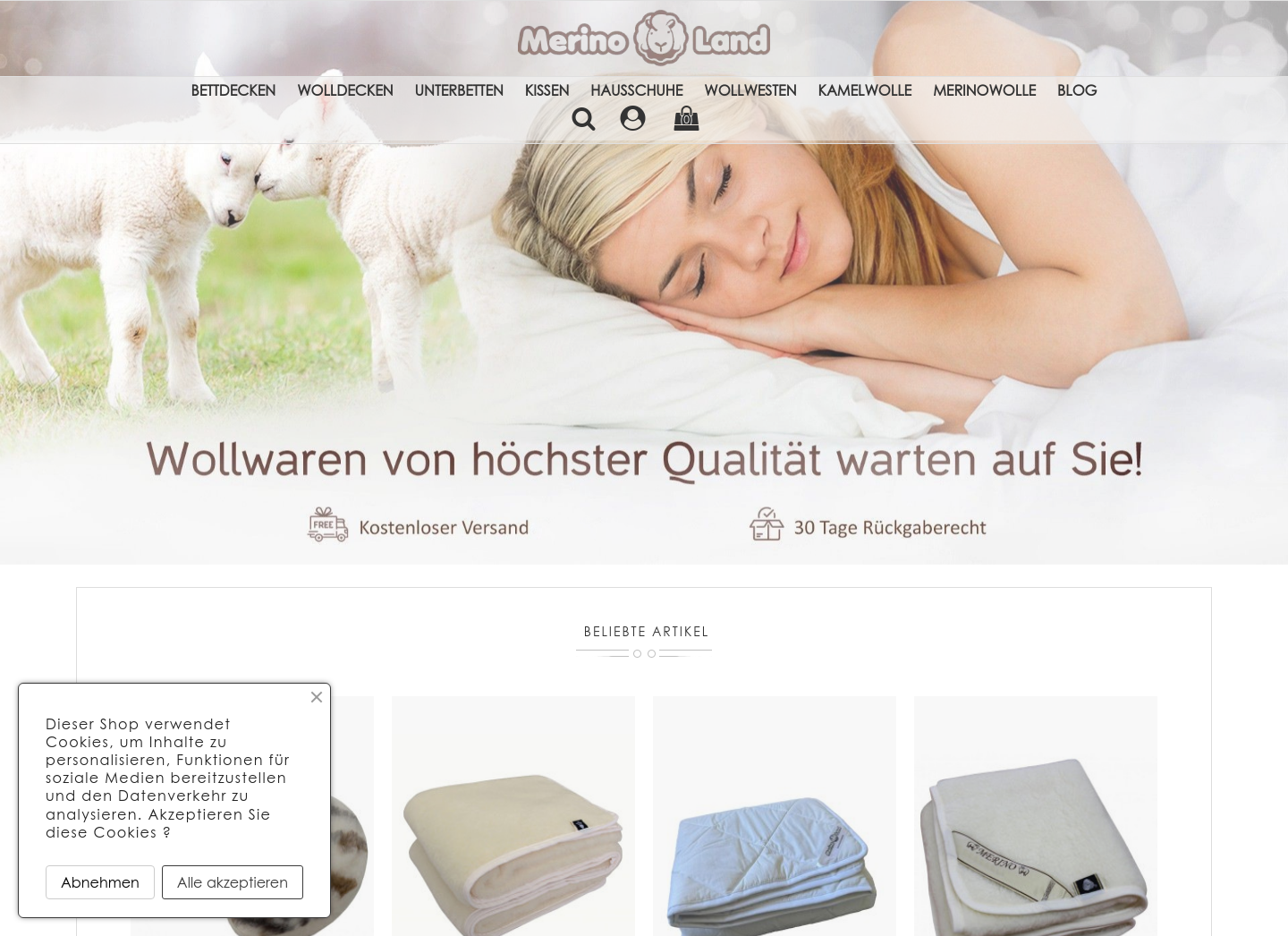 Aktuelle Website-Vorschau von MerinoLand-Produkte aus Schafwolle