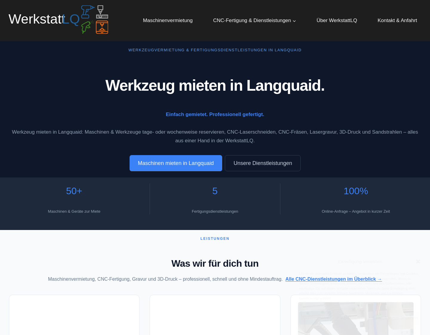 Aktuelle Website-Vorschau von WerkstattLQ – Werkzeugverleih und CNC-Fertigung