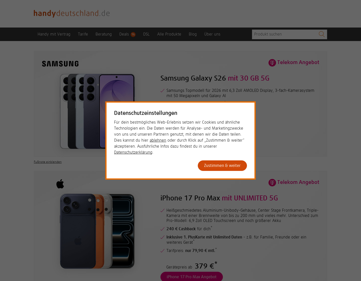 Aktuelle Website-Vorschau von Handys