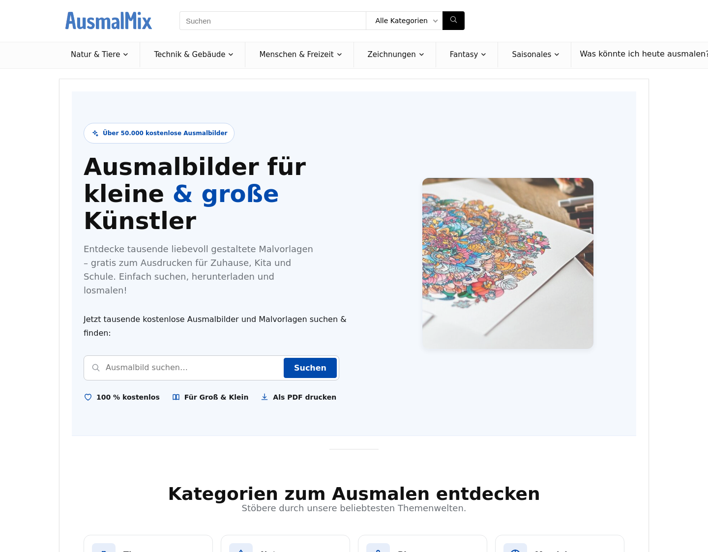 Aktuelle Website-Vorschau von AusmalMix - die Ausmalseite für jung und alt