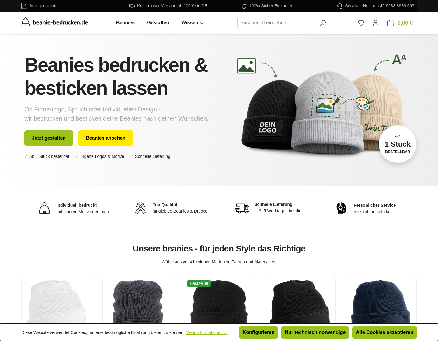 Aktuelle Website-Vorschau von Beanies mit Logo bedrucken & besticken lassen