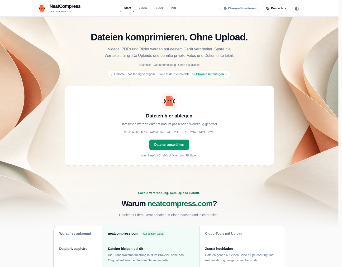 Aktuelle Website-Vorschau von NeatCompress - Kostenloser Video-, Bild- und PDF-Kompressor
