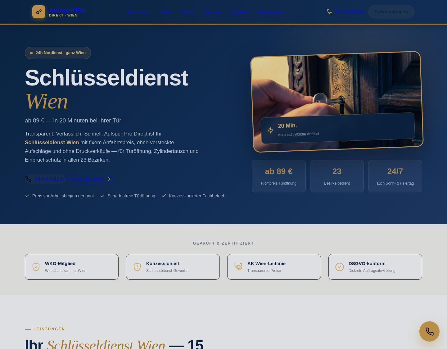 Aktuelle Website-Vorschau von AufsperrPro Direkt – Schlüsseldienst Wien rund um die Uhr