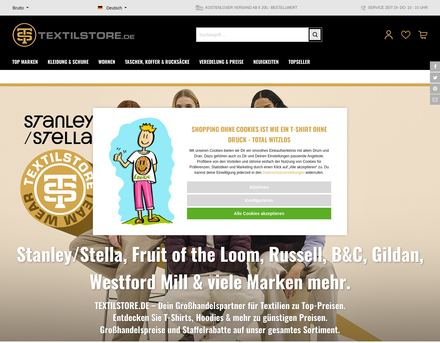 Aktuelle Website-Vorschau von Textilstore.de – B2B-Textilgroßhandel für Markentextilien und Corporate Fashion