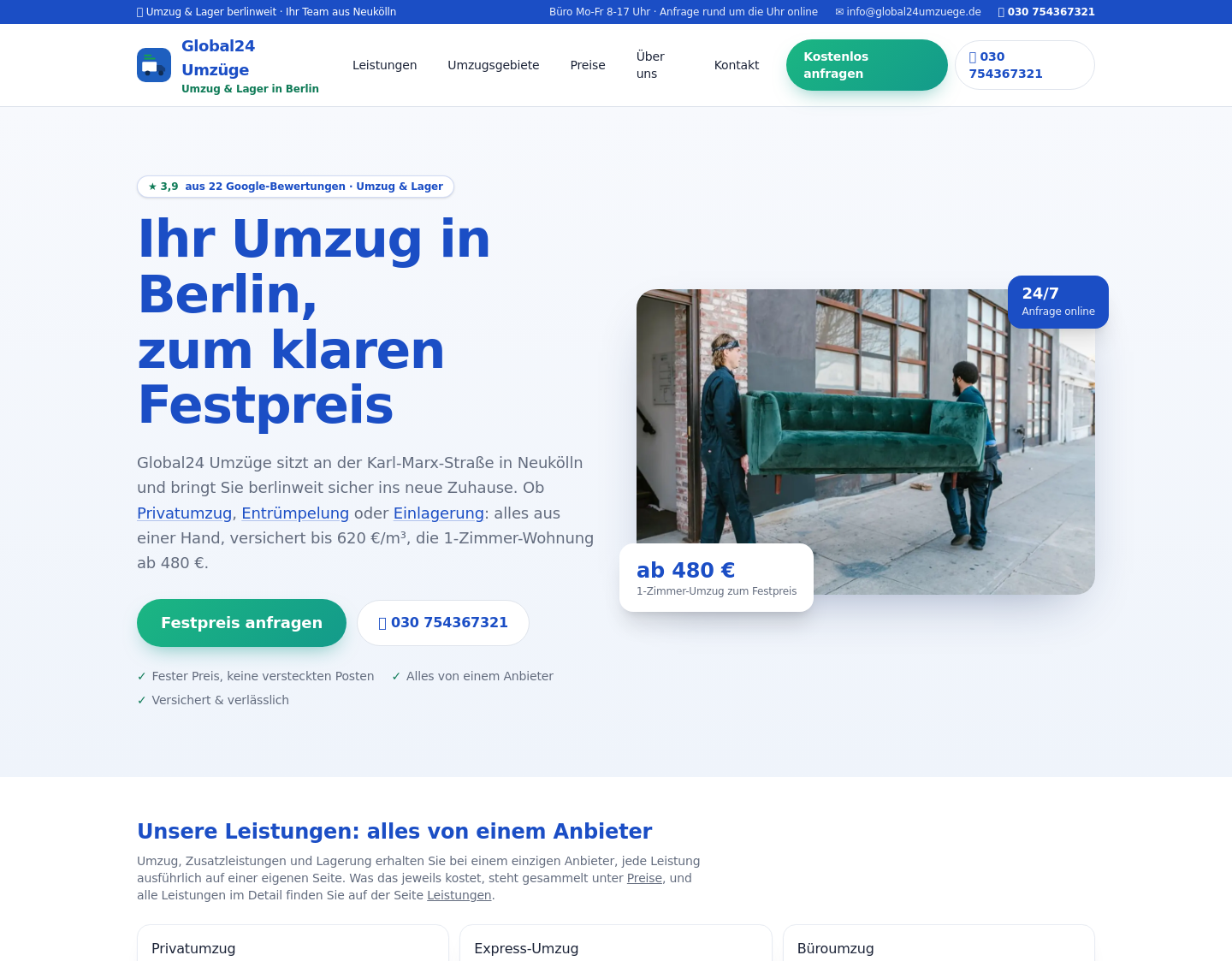 Aktuelle Website-Vorschau von Global24 Umzüge