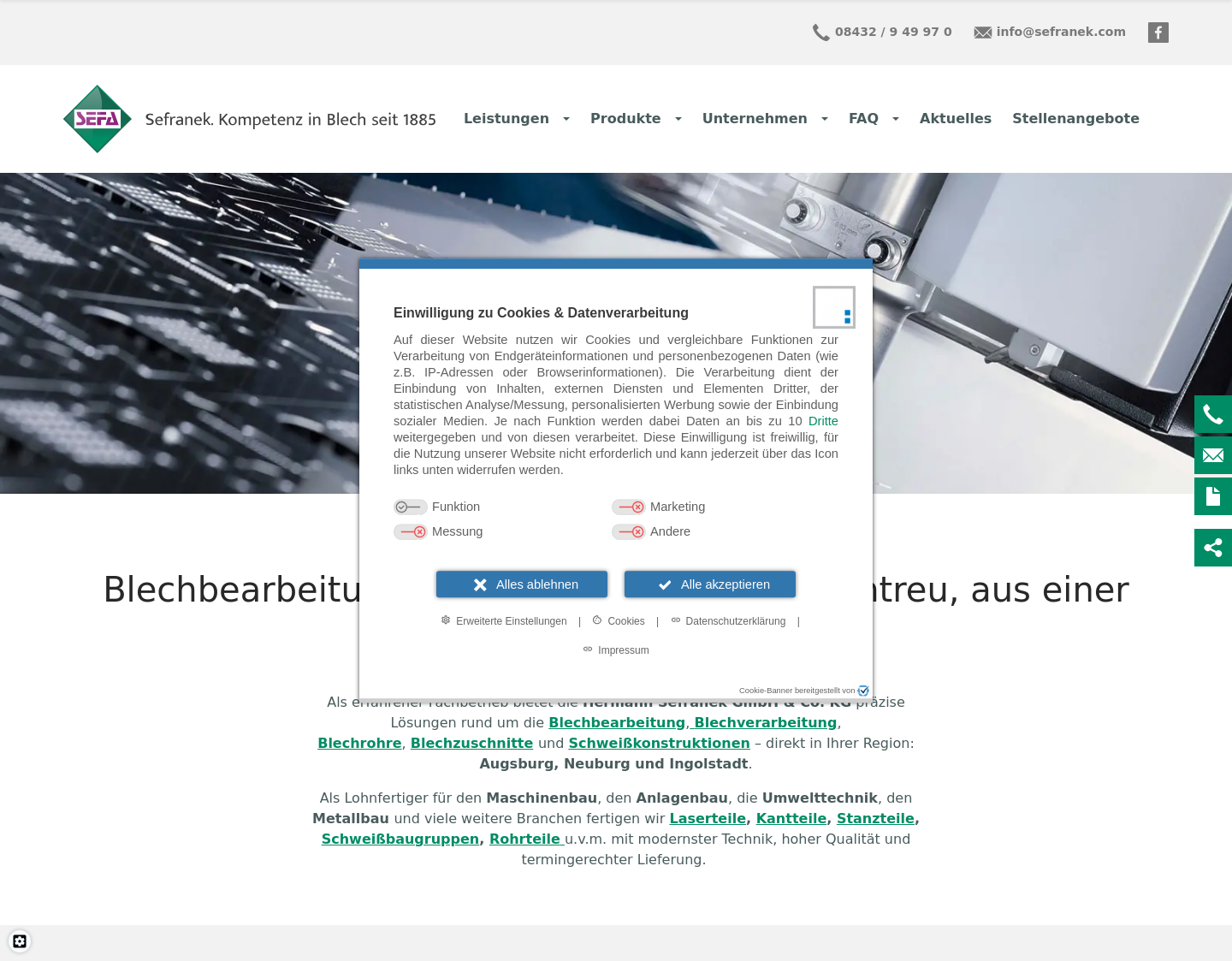 Aktuelle Website-Vorschau von SEFA - Blechverarbeitung, Lüftungskanäle
