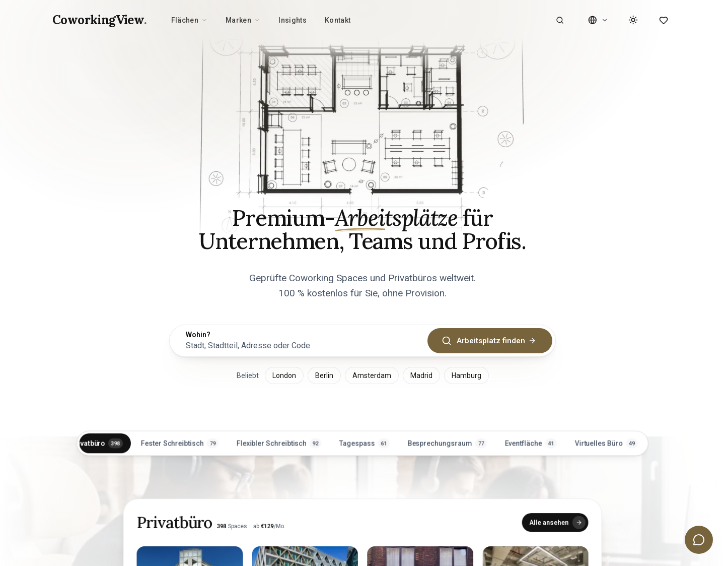 Aktuelle Website-Vorschau von CoworkingView – Büros, Coworking und Privatbüros vergleichen