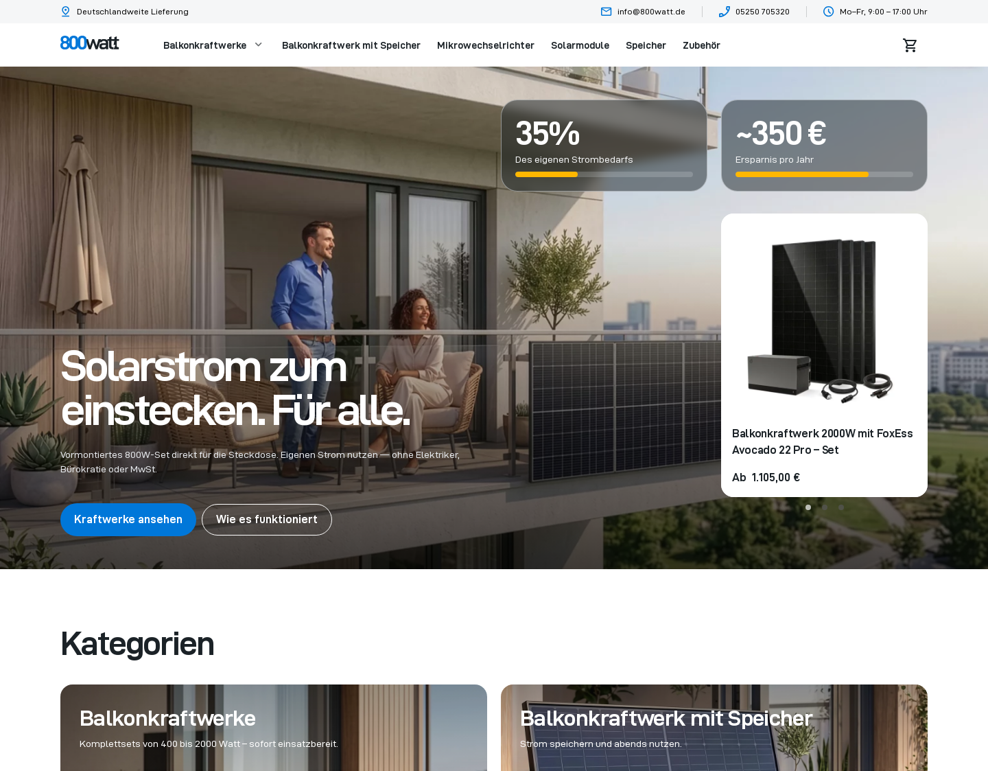 Aktuelle Website-Vorschau von 800watt.de | Onlineshop für Balkonkraftwerke