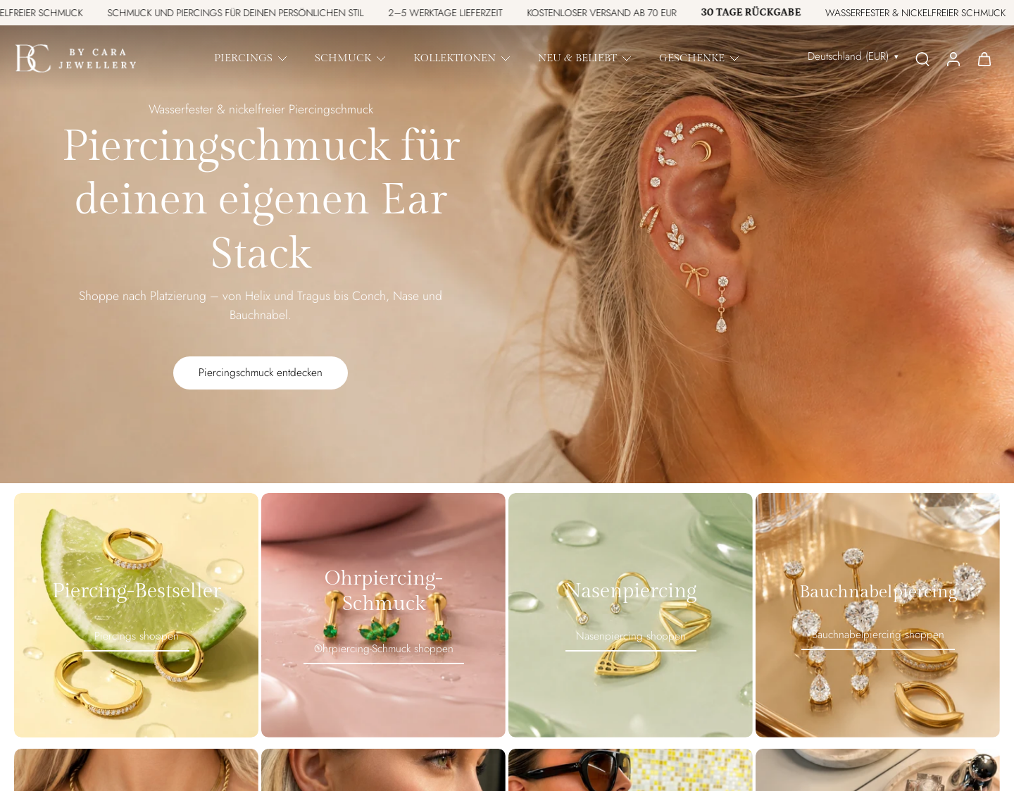 Aktuelle Website-Vorschau von BY CARA – Piercingschmuck und Schmuck online