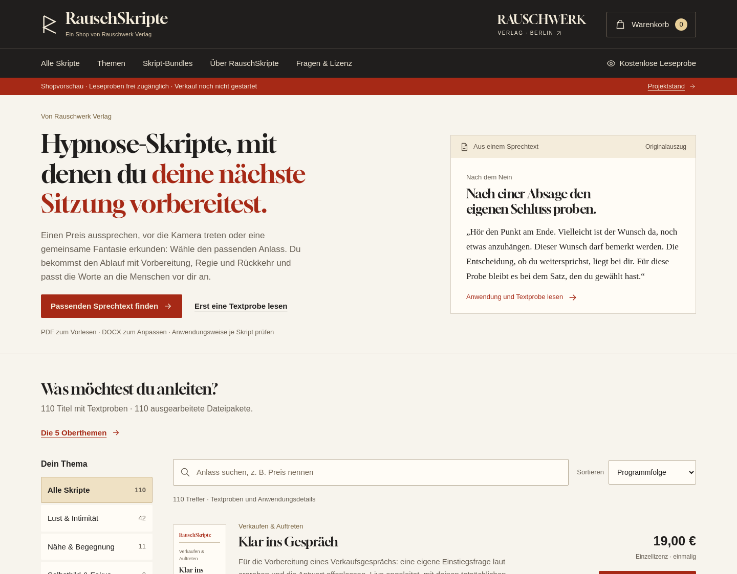 Aktuelle Website-Vorschau von RauschSkripte – Sprechvorlagen für Hypnose vom Rauschwerk Verlag