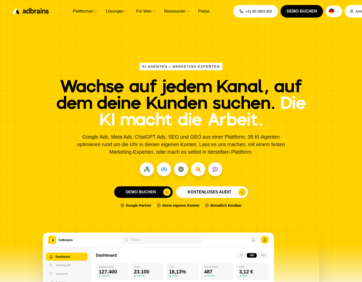 Aktuelle Website-Vorschau von Adbrains – KI-Plattform für Google Ads, Meta Ads, SEO und GEO