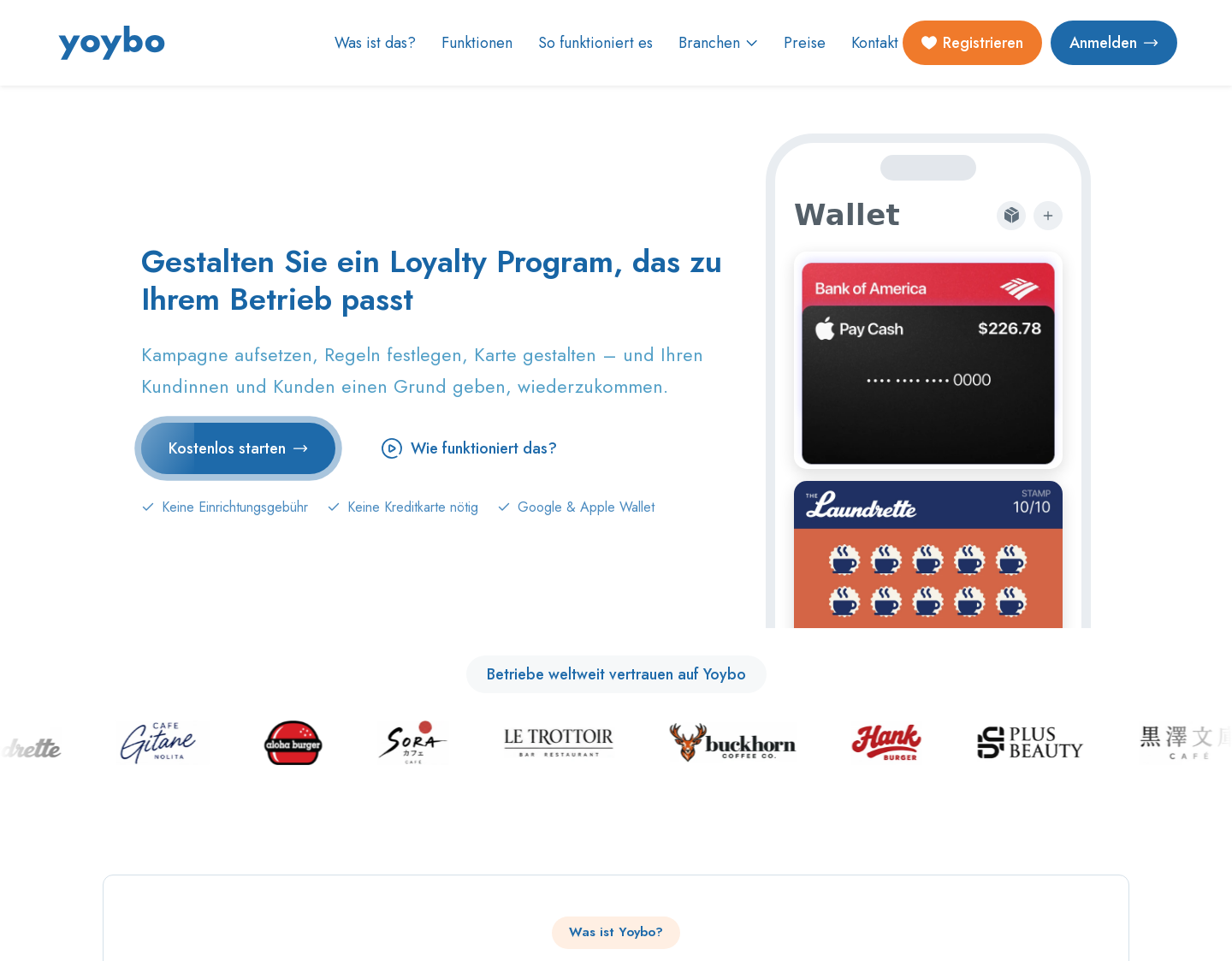 Aktuelle Website-Vorschau von Yoybo – Digitale Kundenkarten & Stempelkarten für Unternehmen