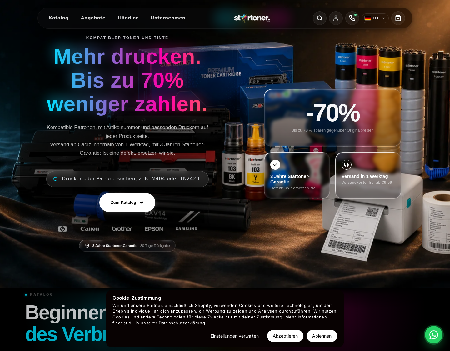 Aktuelle Website-Vorschau von Startoner: kompatible Toner und Tintenpatronen