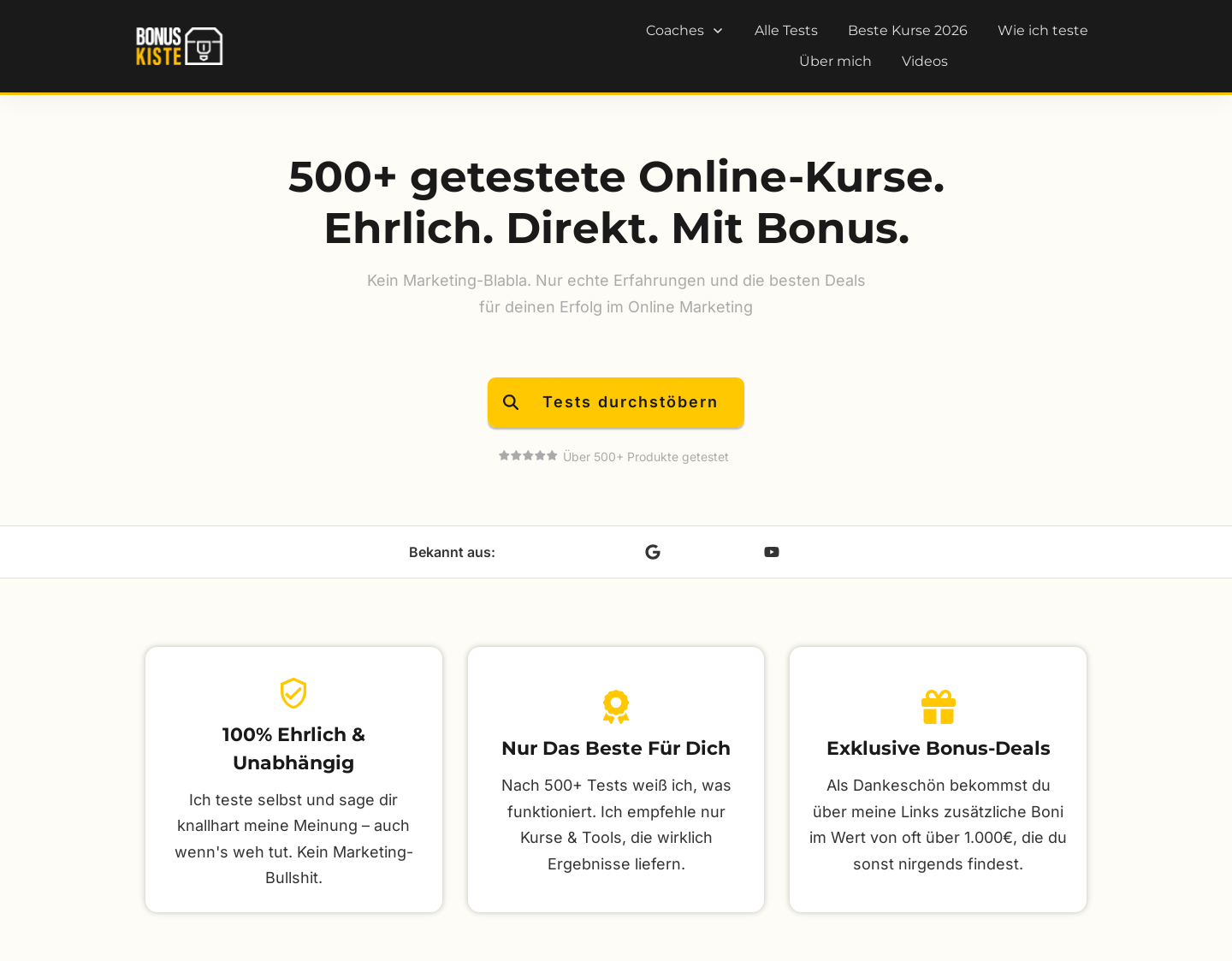 Aktuelle Website-Vorschau von Bonuskiste: Erfahrungsberichte zu Online-Kursen